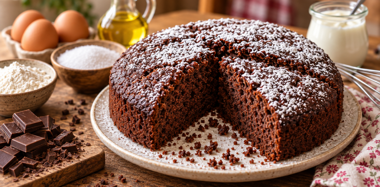 Gâteau au yaourt au chocolat moelleux saupoudré de sucre glace