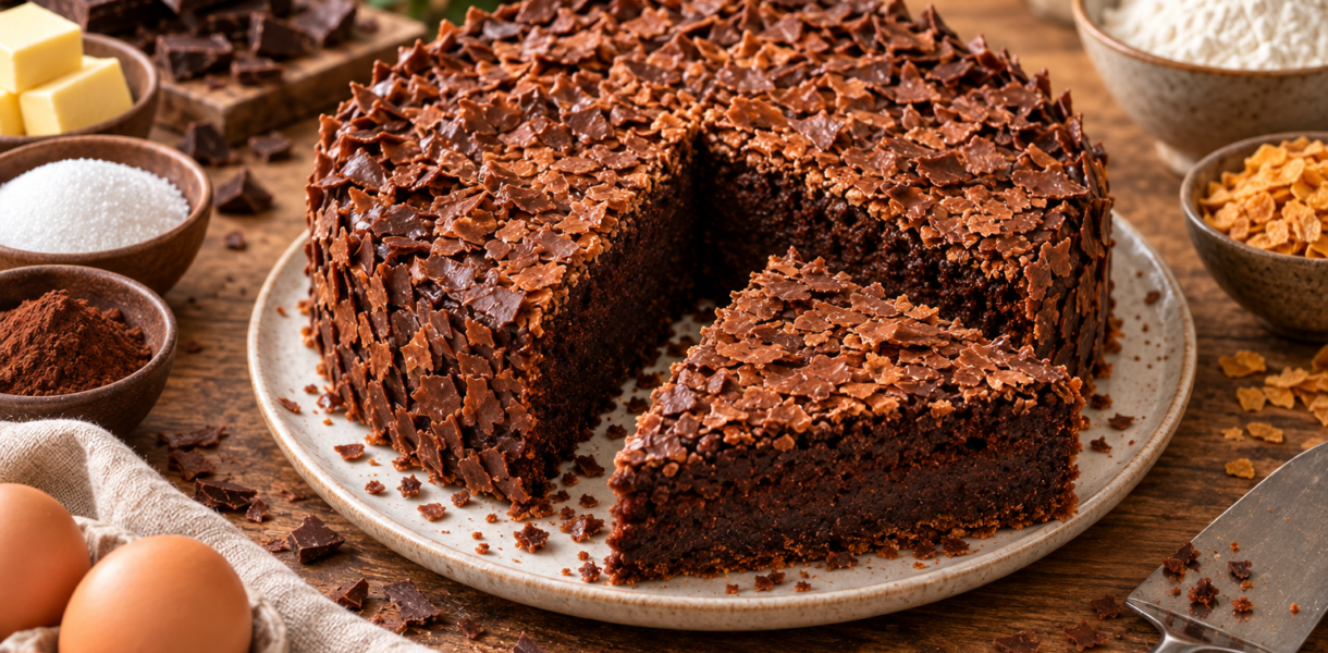 Gâteau croustillant au chocolat recouvert de corn flakes chocolatés