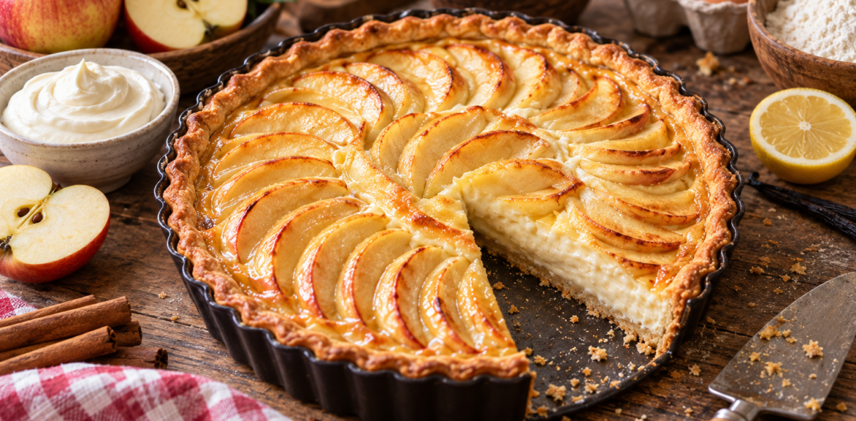 Tarte aux pommes à la crème fondante avec pommes dorées