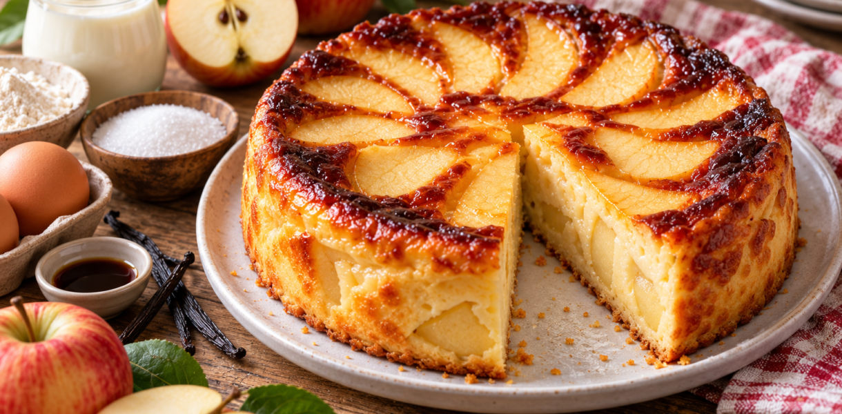 Gâteau invisible aux pommes et au yaourt fondant avec fines lamelles de pommes