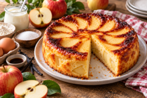 Gâteau invisible aux pommes et au yaourt fondant avec fines lamelles de pommes