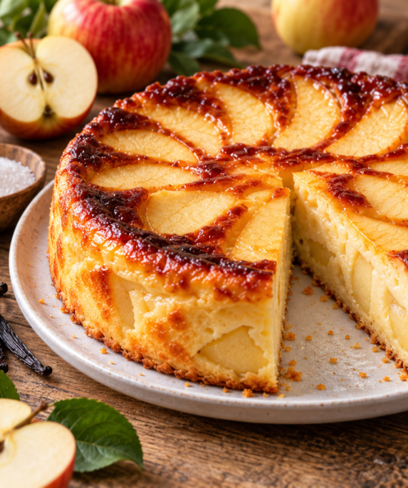 Gâteau invisible aux pommes et au yaourt fondant avec fines lamelles de pommes