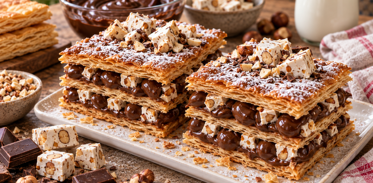Mille-feuille au chocolat garni de nougat aux noisettes et de pâte feuilletée croustillante