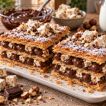Mille-feuille au chocolat garni de nougat aux noisettes et de pâte feuilletée croustillante