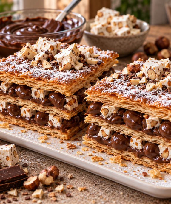 Mille-feuille au chocolat garni de nougat aux noisettes et de pâte feuilletée croustillante