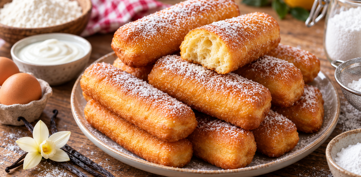 Beignets au yaourt à la vanille dorés et saupoudrés de sucre glace