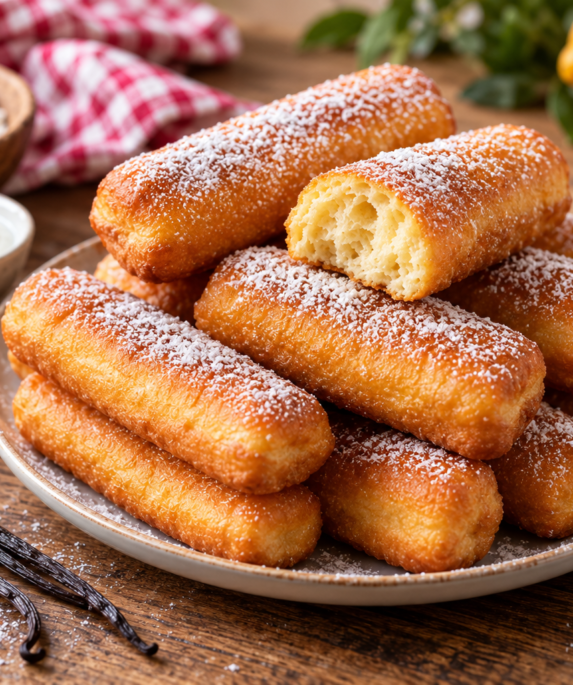 Beignets au yaourt à la vanille dorés et saupoudrés de sucre glace