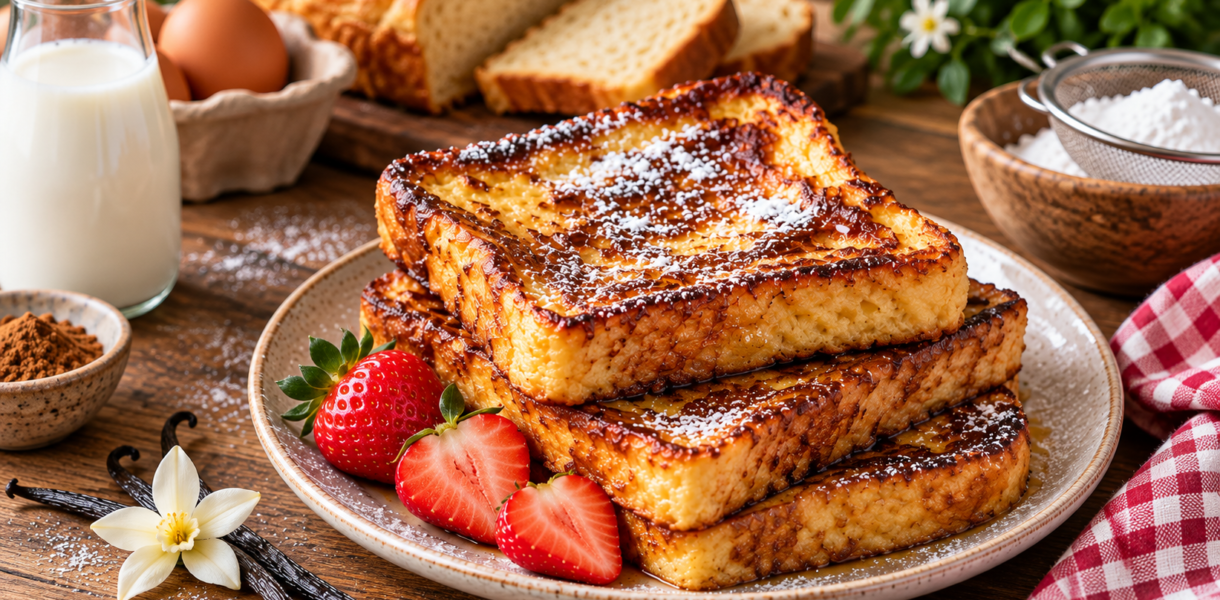 Pain perdu brioché à la vanille doré avec fraises et sucre glace
