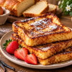 Pain perdu brioché à la vanille doré avec fraises et sucre glace