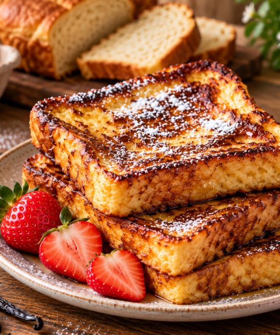 Pain perdu brioché à la vanille doré avec fraises et sucre glace