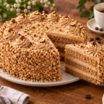 Gâteau moka au café maison recouvert de crème et de noisettes concassées