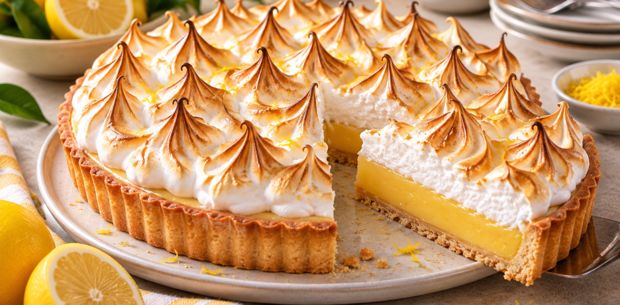 Tarte au citron meringuée maison avec crème citron fondante et meringue dorée