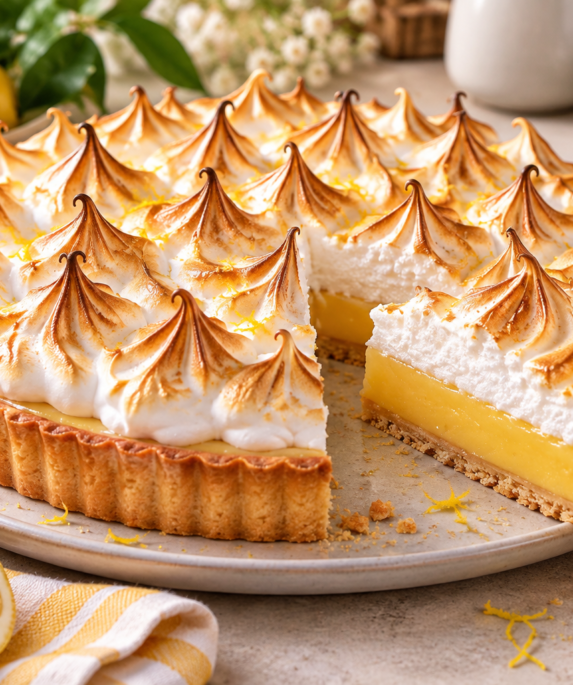 Tarte au citron meringuée maison avec crème citron fondante et meringue dorée