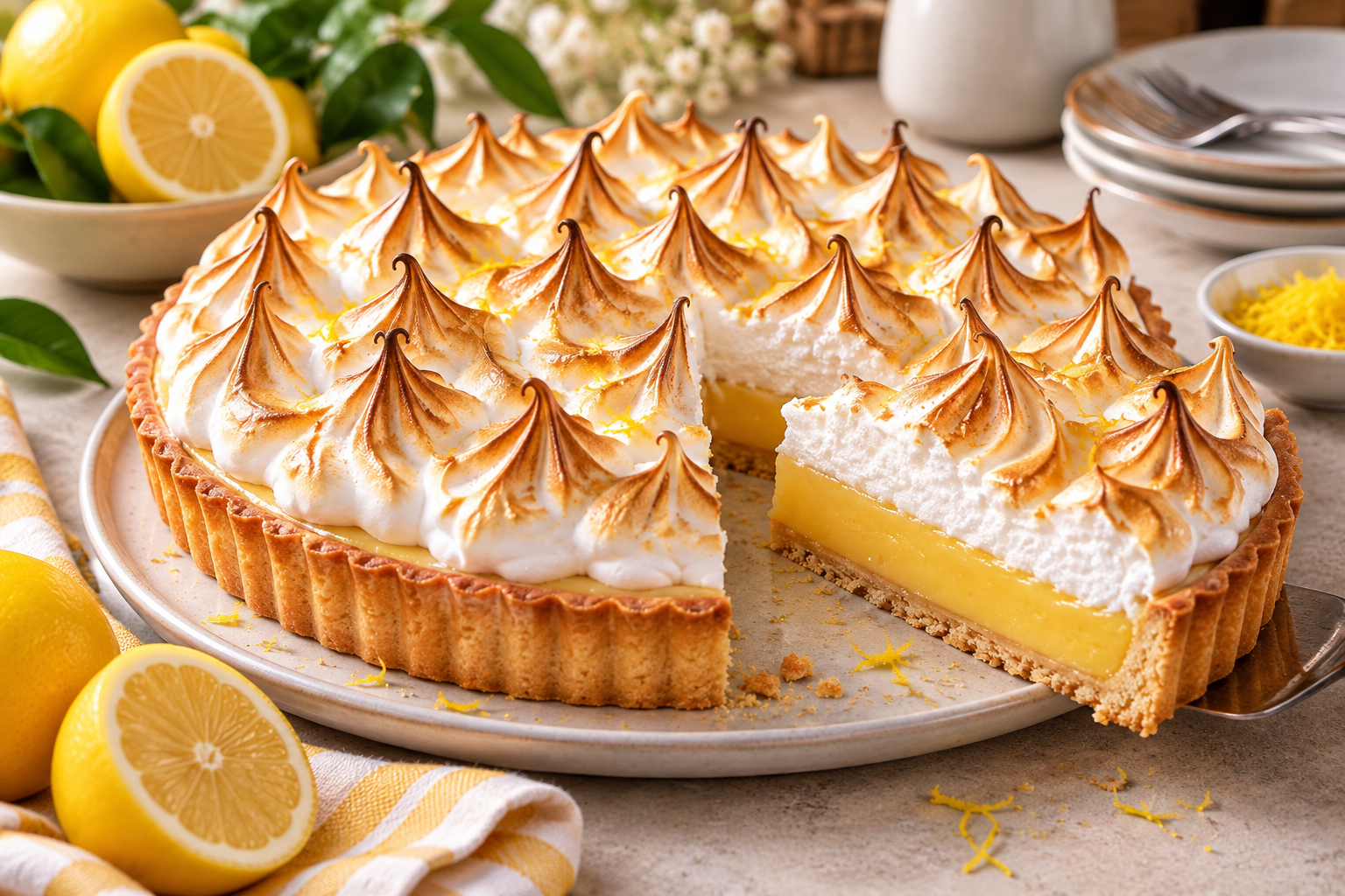 Tarte au citron meringuée maison avec crème citron fondante et meringue dorée