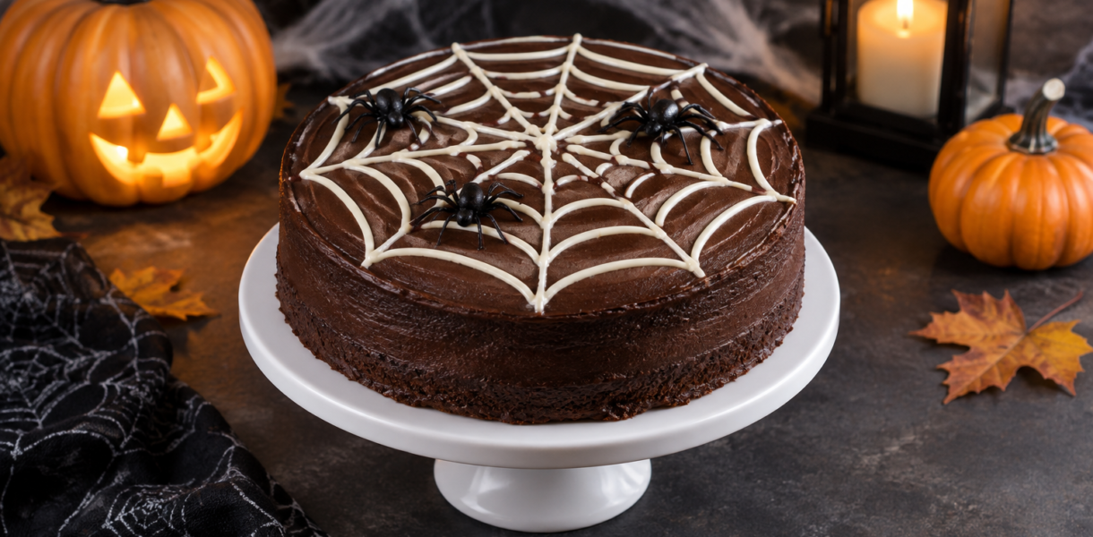 Gâteau Halloween facile au chocolat décoré d'une toile d'araignée en chocolat blanc
