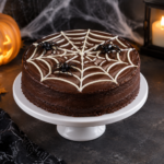 Gâteau Halloween facile au chocolat décoré d'une toile d'araignée en chocolat blanc