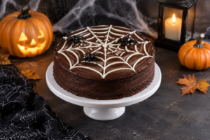Gâteau Halloween facile au chocolat décoré d'une toile d'araignée en chocolat blanc