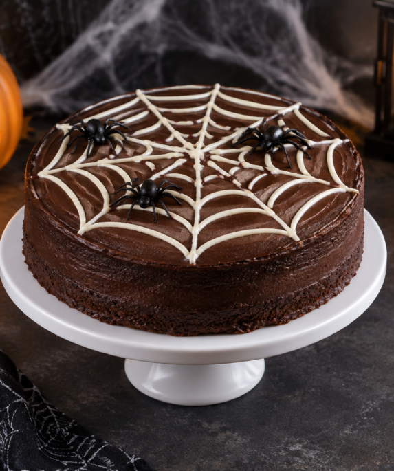Gâteau Halloween facile au chocolat décoré d'une toile d'araignée en chocolat blanc