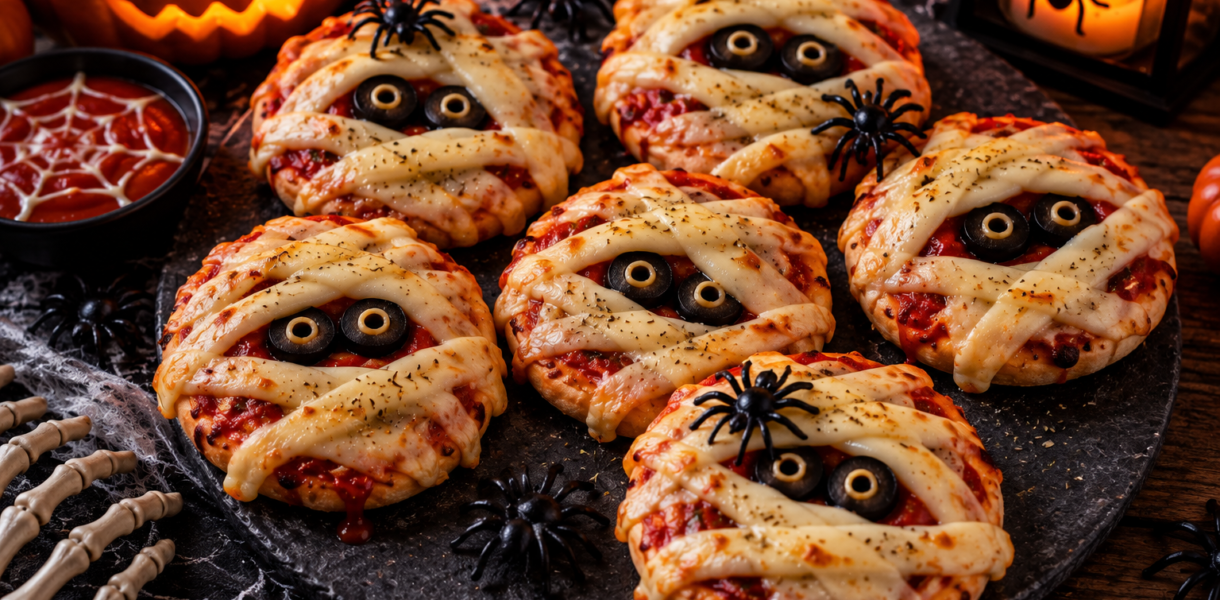 Mini pizzas momies Halloween à la mozzarella et aux olives noires