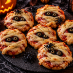 Mini pizzas momies Halloween à la mozzarella et aux olives noires