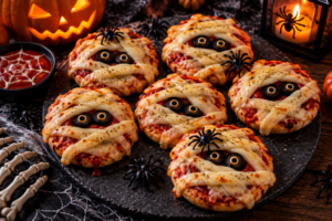 Mini pizzas momies Halloween à la mozzarella et aux olives noires