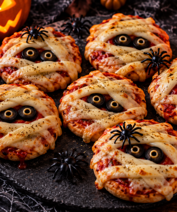 Mini pizzas momies Halloween à la mozzarella et aux olives noires