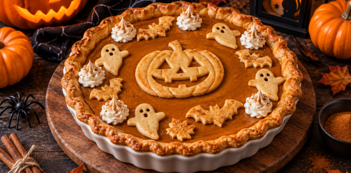 Tarte à la citrouille Halloween décorée de biscuits fantômes et chauves-souris