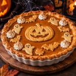 Tarte à la citrouille Halloween décorée de biscuits fantômes et chauves-souris