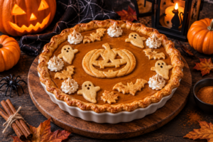 Tarte à la citrouille Halloween décorée de biscuits fantômes et chauves-souris