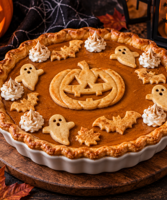 Tarte à la citrouille Halloween décorée de biscuits fantômes et chauves-souris