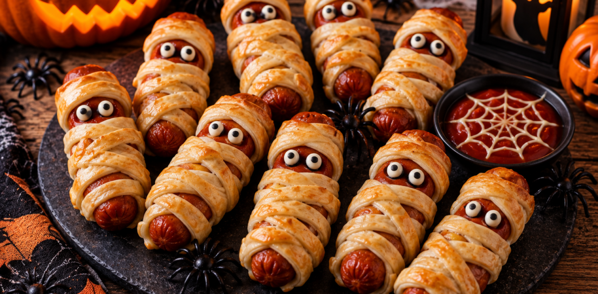 Saucisses momies Halloween en pâte feuilletée avec sauce ketchup
