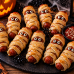 Saucisses momies Halloween en pâte feuilletée avec sauce ketchup
