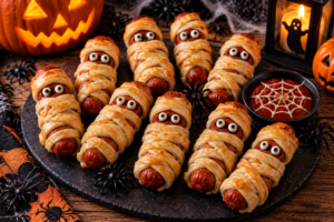 Saucisses momies Halloween en pâte feuilletée avec sauce ketchup