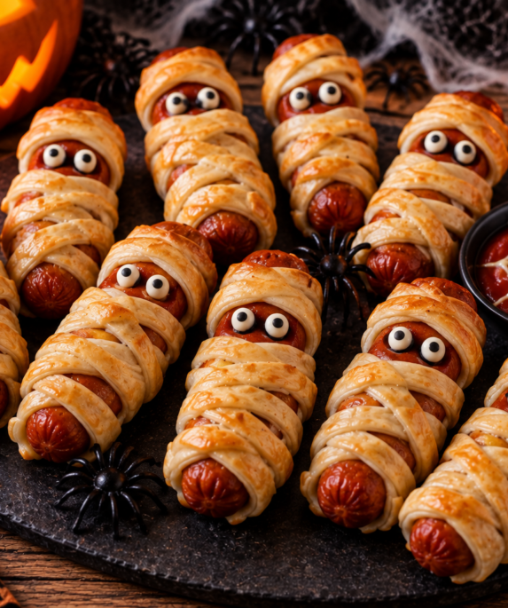 Saucisses momies Halloween en pâte feuilletée avec sauce ketchup