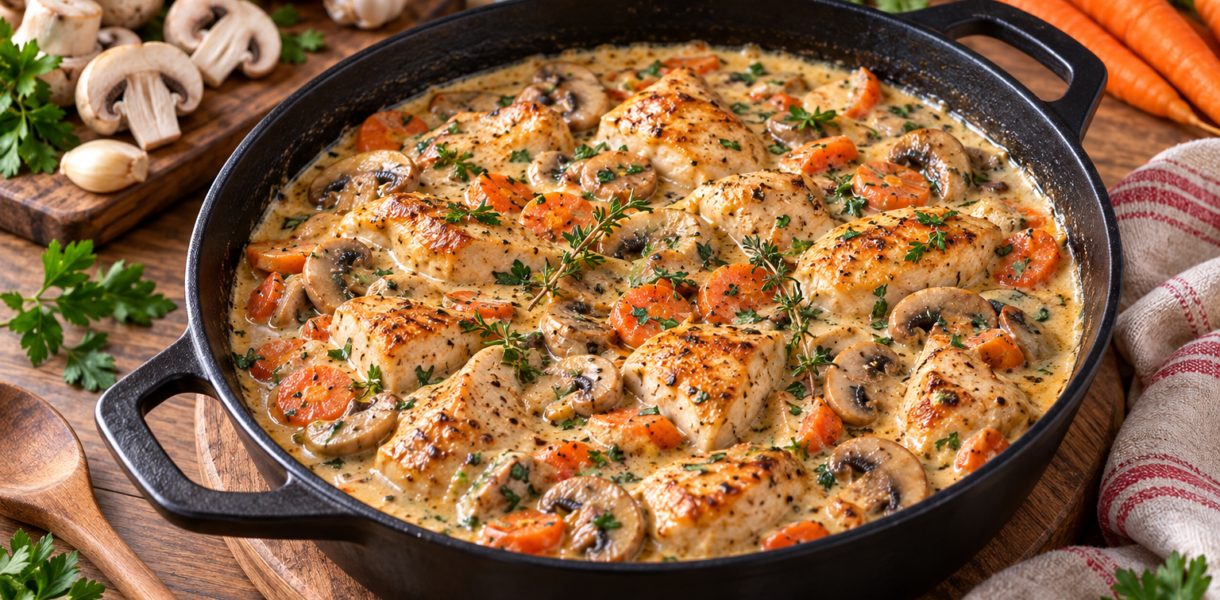 Ragoût de poulet à la crème avec champignons et carottes