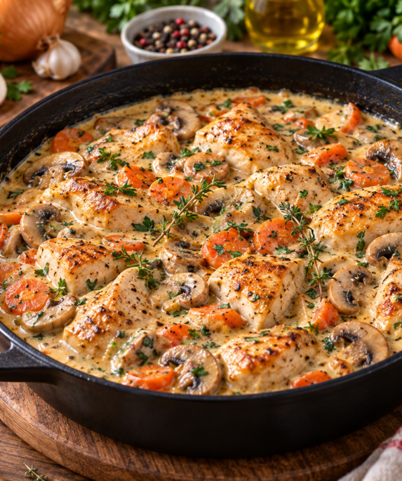 Ragoût de poulet à la crème avec champignons et carottes