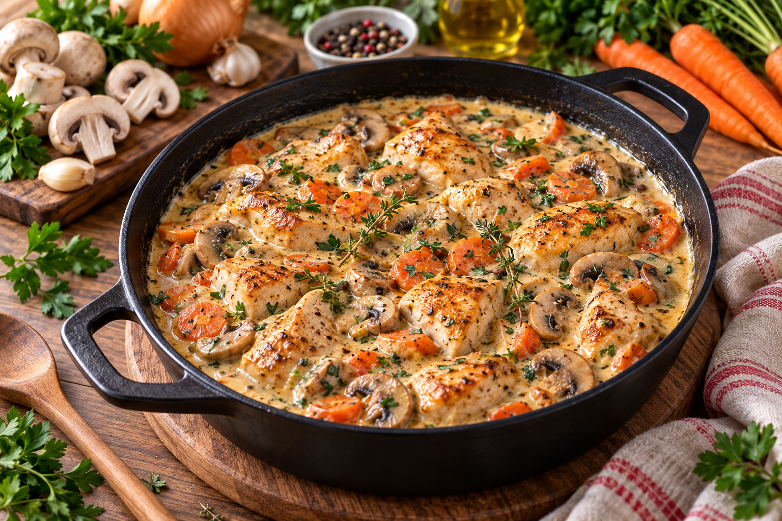 Ragoût de poulet à la crème avec champignons et carottes