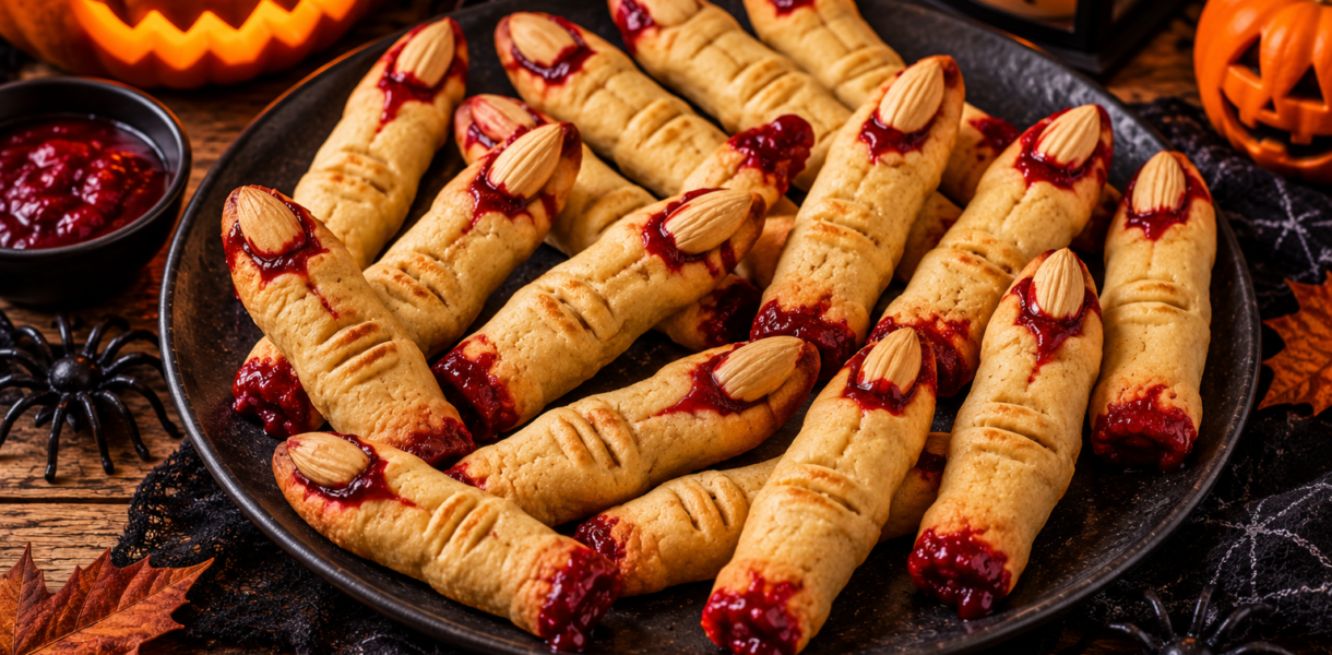 Doigts de sorcière Halloween en biscuits avec amandes et confiture rouge