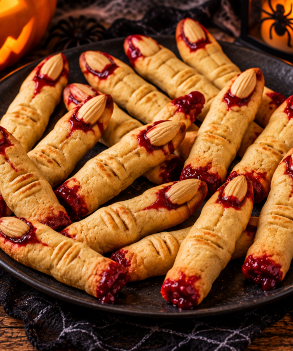Doigts de sorcière Halloween en biscuits avec amandes et confiture rouge