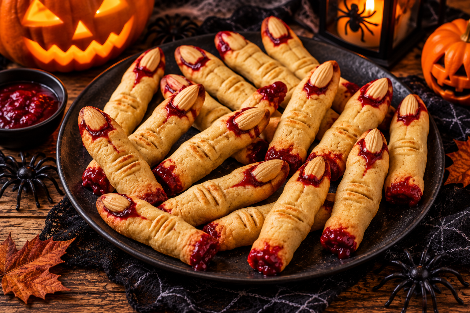 Doigts de sorcière Halloween en biscuits avec amandes et confiture rouge