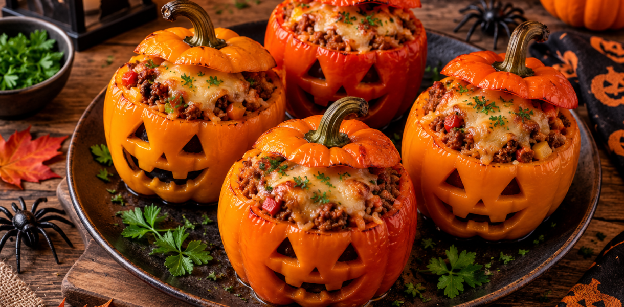 Poivrons farcis Halloween façon citrouille avec bœuf, riz et fromage gratiné