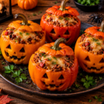 Poivrons farcis Halloween façon citrouille avec bœuf, riz et fromage gratiné