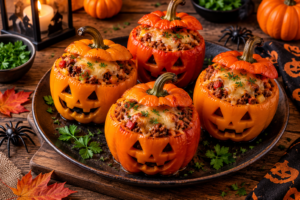 Poivrons farcis Halloween façon citrouille avec bœuf, riz et fromage gratiné