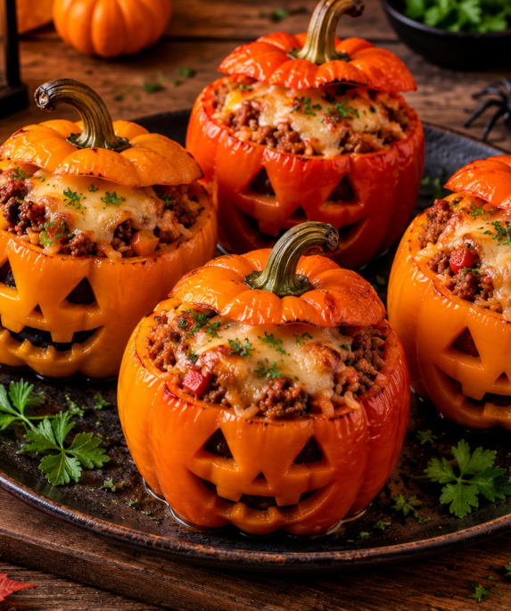 Poivrons farcis Halloween façon citrouille avec bœuf, riz et fromage gratiné