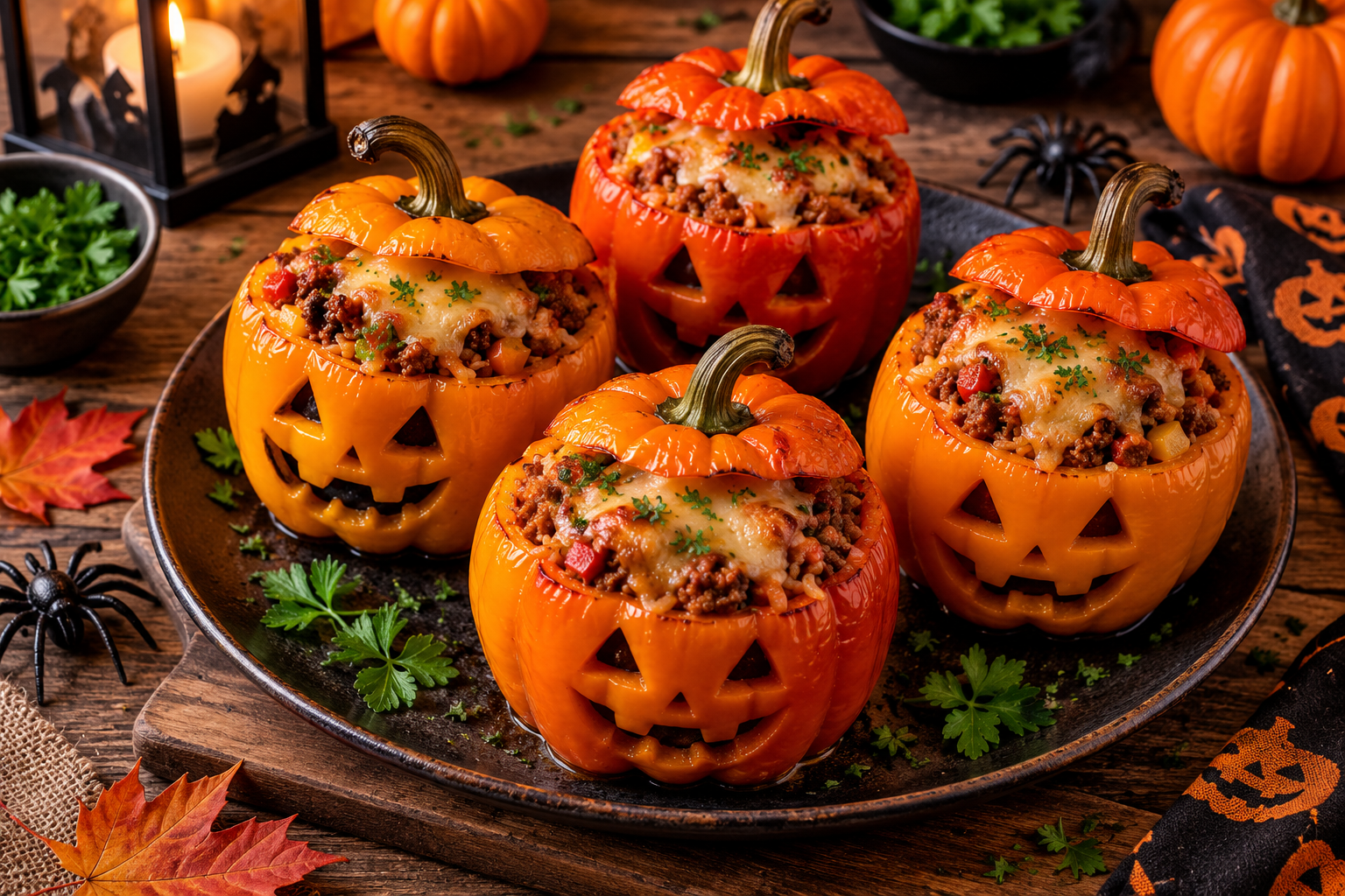 Poivrons farcis Halloween façon citrouille avec bœuf, riz et fromage gratiné