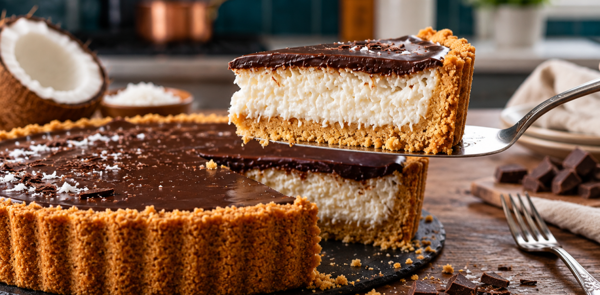 Tarte coco chocolat sans cuisson avec base biscuitée, crème à la noix de coco et ganache au chocolat