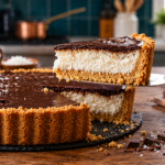 Tarte coco chocolat sans cuisson avec base biscuitée, crème à la noix de coco et ganache au chocolat
