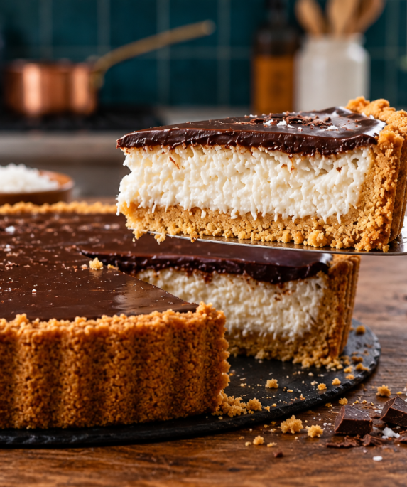 Tarte coco chocolat sans cuisson avec base biscuitée, crème à la noix de coco et ganache au chocolat