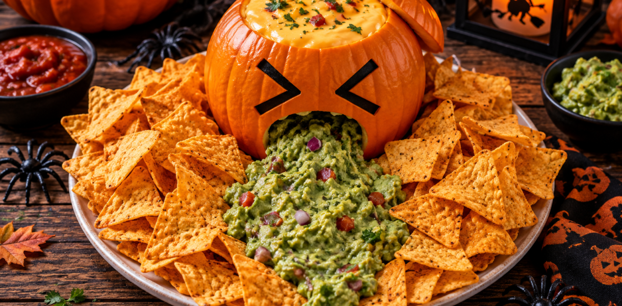 Guacamole Halloween présenté en citrouille vomissante avec nachos
