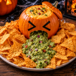 Guacamole Halloween présenté en citrouille vomissante avec nachos
